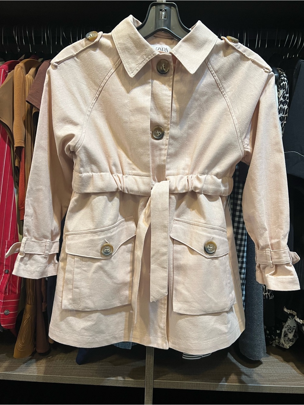 Zara Kids Gorgeous Pale Pink Button-Up Linen Cinch Waist Trench Coat Sz 10
